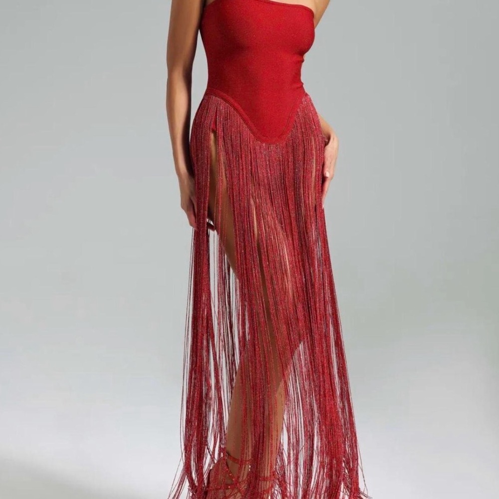 BELLA BARNETT: Strapless bodysuit Red Fringe Maxi Dress with Sheer Tassel Skirt